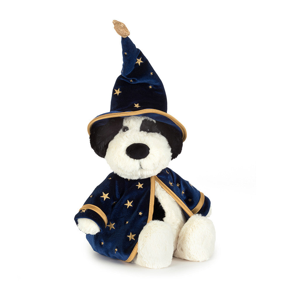 Jellycat Rufferty Puppy in a wizard robe and hat, a floppy plush puppy soft toy with a hard nose
