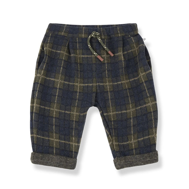 1 + in the Family CHURCHILL navy check baby pants in fleece with a drawstring waist and cuffs