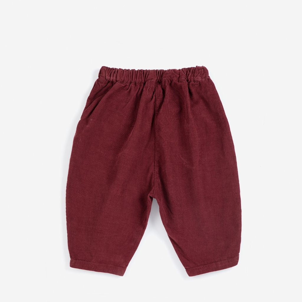 Bobo Choses Baby Curious Owl corduroy pants in burgundy organic cotton cord, pull on waist