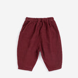 Bobo Choses Baby Curious Owl corduroy pants in burgundy organic cotton cord, pull on waist