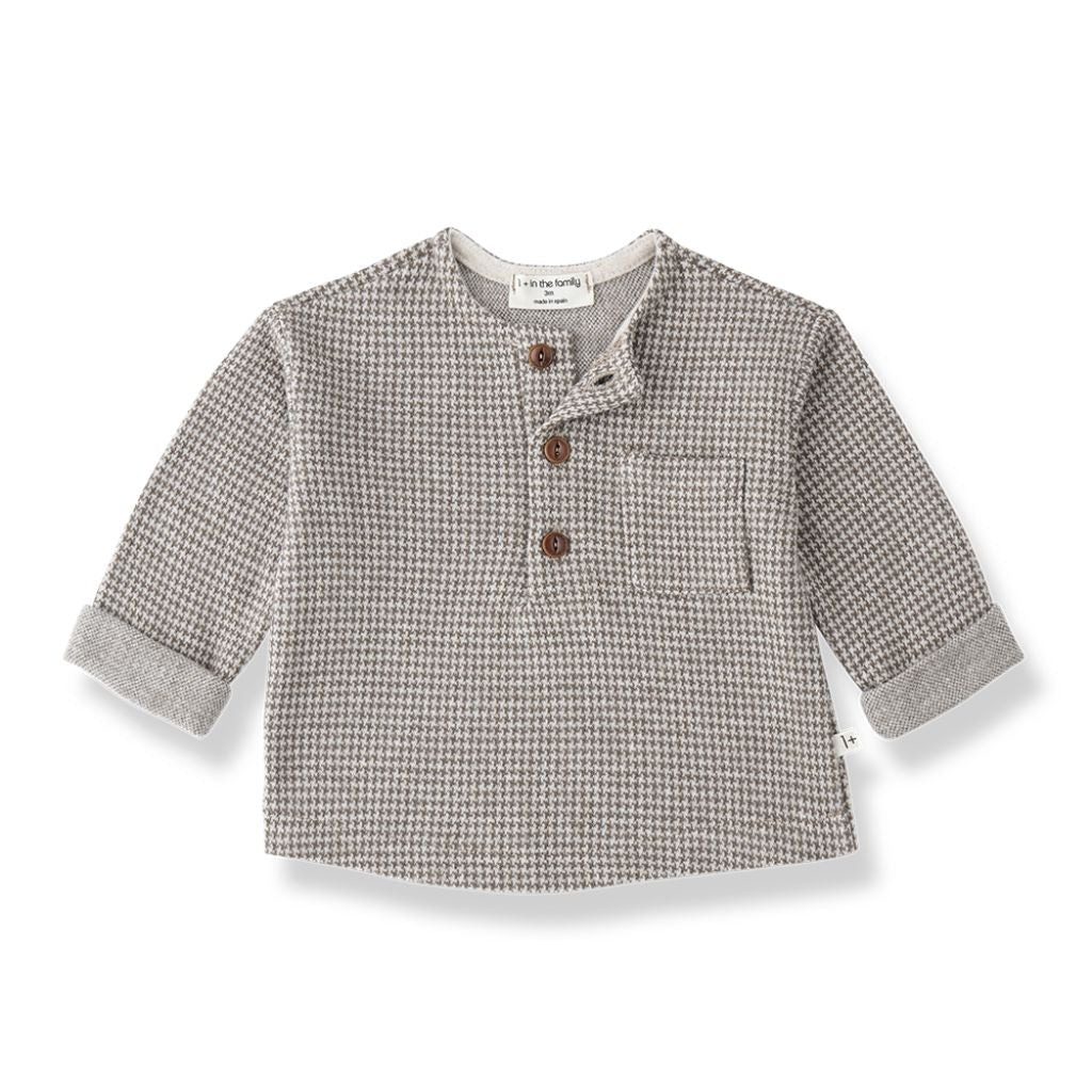 1 + in the Family NUORO taupe houndstooth baby henley in fleece with a button placket