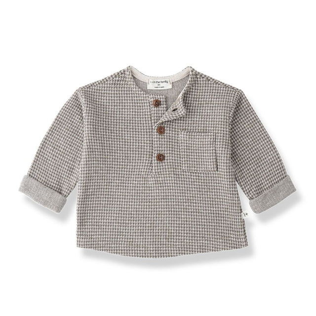 1 + in the Family NUORO taupe houndstooth baby henley in fleece with a button placket