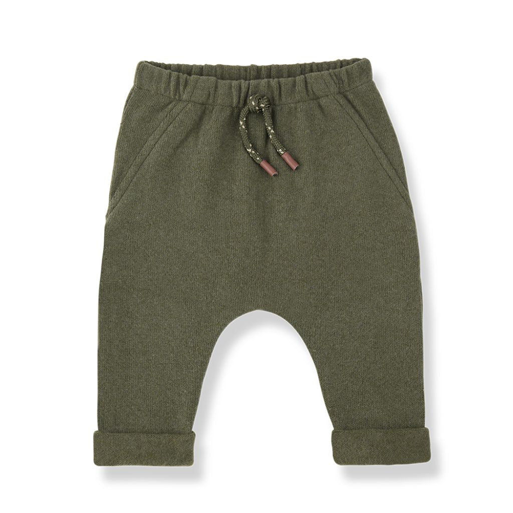 1 + in the Family NUNAVUT khaki baby pants in soft plain fleece with a drawstring waist