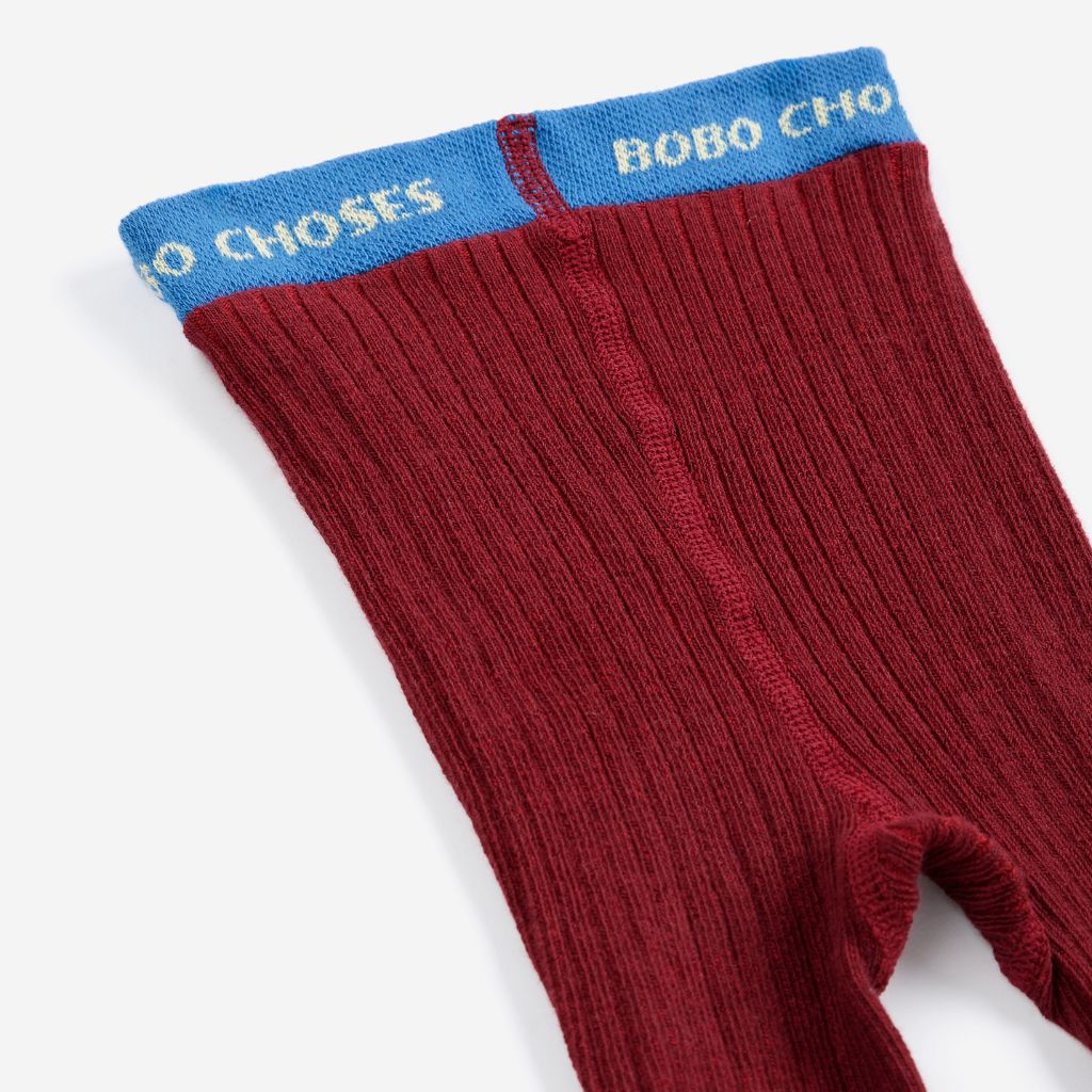 Bobo Choses ribbed tights in red stretch organic cotton, fine rib knit, full length