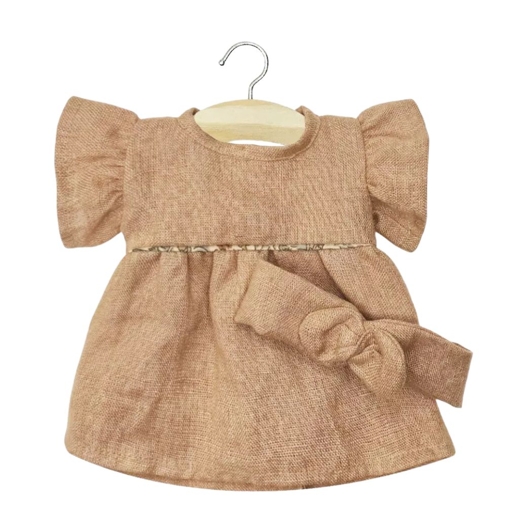 Minikane Clothing for 34cm Gordis Dolls-  Daisy dress and its headband with a round knot in hazelnut washed linen