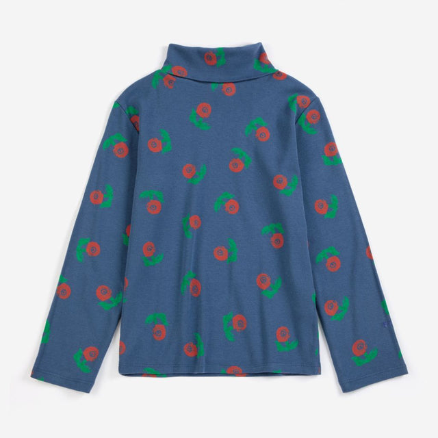 Bobo Choses Stamp Bloom turtleneck t-shirt in navy stretch organic cotton, turtle neck, floral print