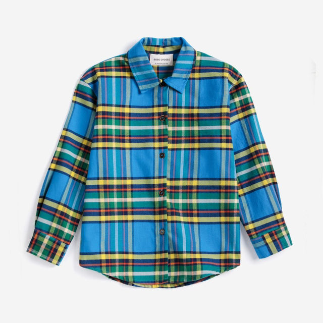 Bobo Choses Tartan shirt in blue cotton, all over tartan check, button front, loose fit