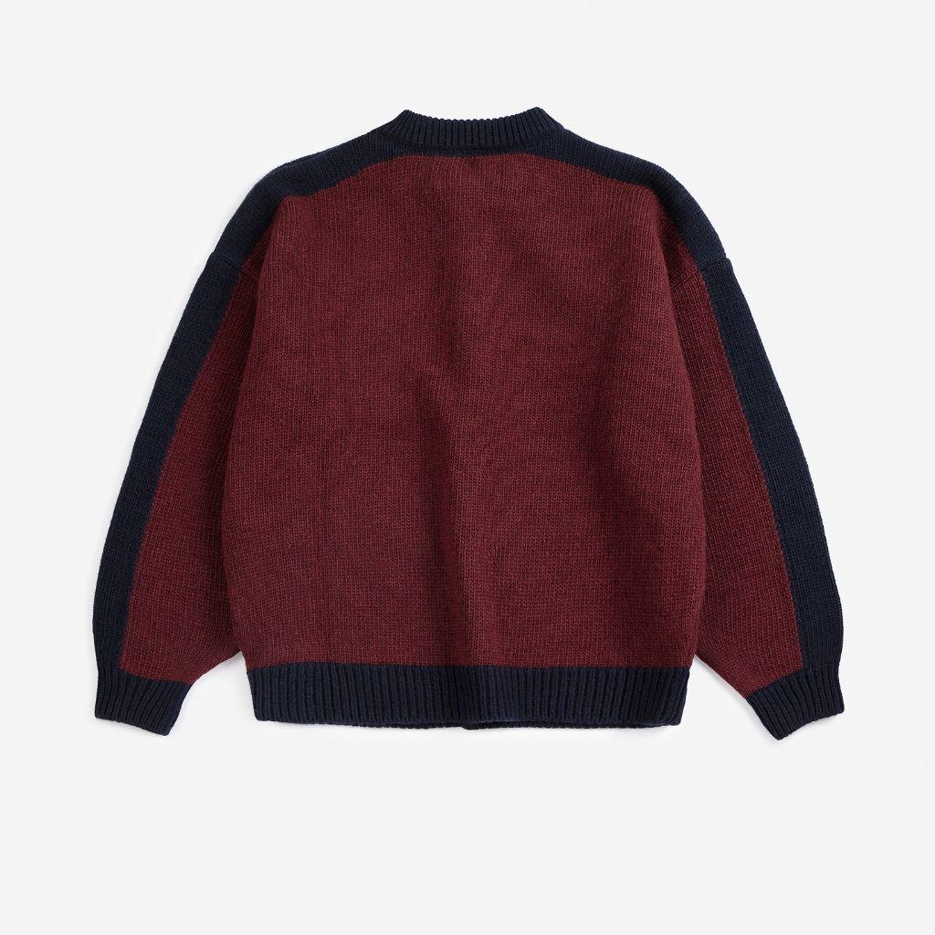 Bobo Choses Forest Scene cardigan in burgundy recycled wool and cashmere knit, woodland jacquard, buttons