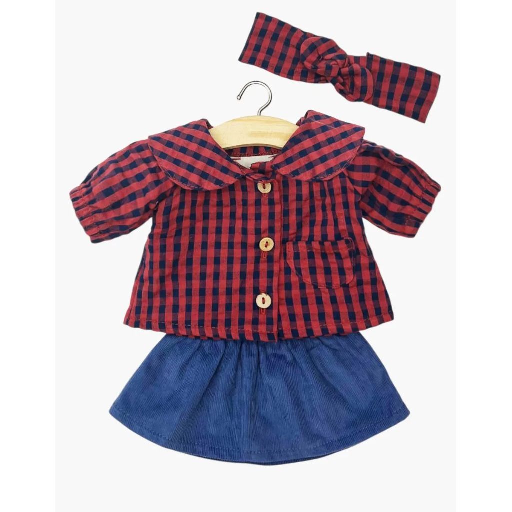 Minikane Clothing for Gordis Dolls 34cm - Back to School" outfit navy/brick gingham blouse