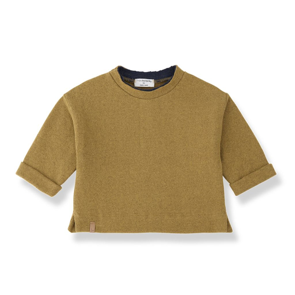1 + in the Family OTTAWA ochre baby sweater in soft plain fleece with a contrast neckline