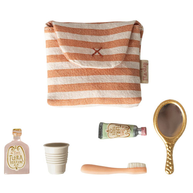 Maileg Toothbrush Set in Bag, Mouse- Coral Stripe