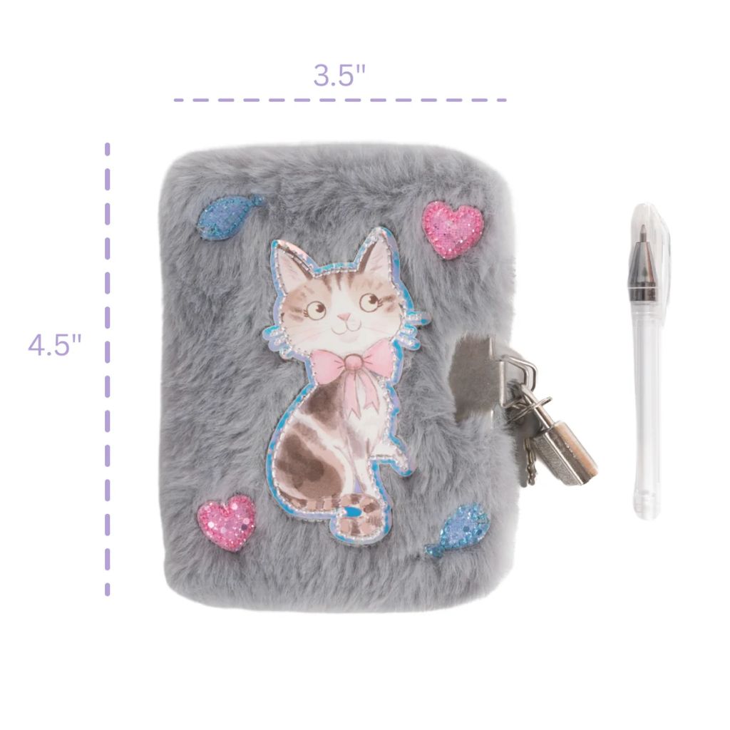 Cuddle Cat Mini Furry Journal with Pen, Lock, & 2 Keys, Grey