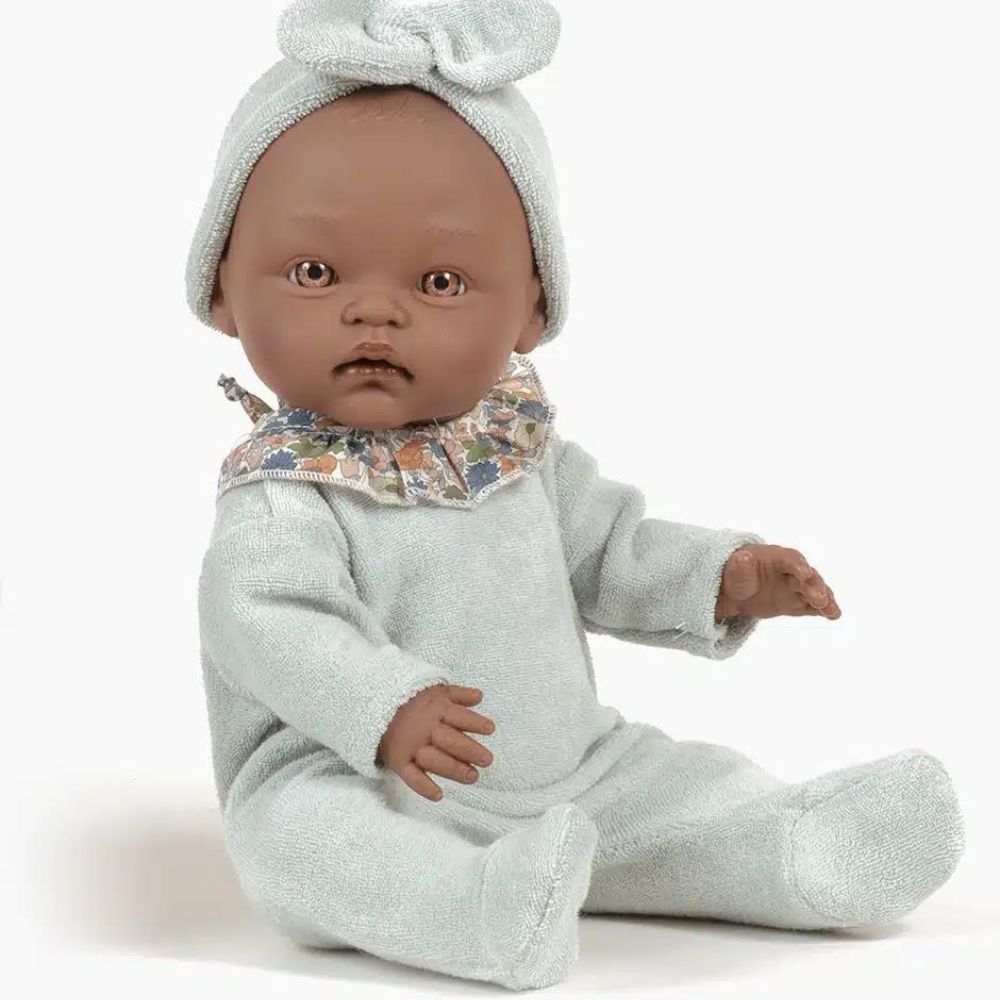 Minikane Clothing for Cuties 36cm - Camille sleepsuit in green terrycloth with brown liberty collar and headband