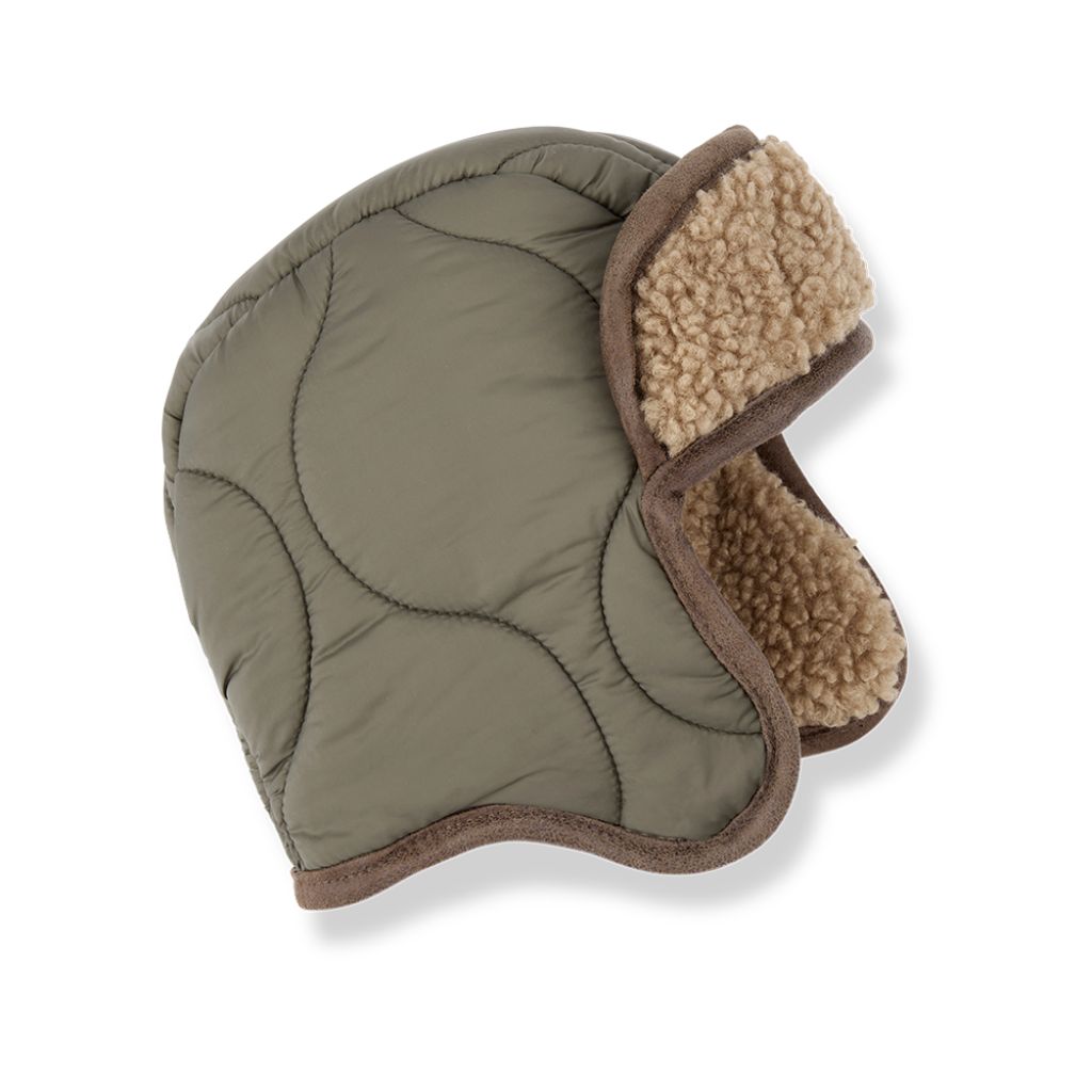 1 + in the Family YUKON khaki baby chapka hat in padded microfiber with sherpa-lined earflaps