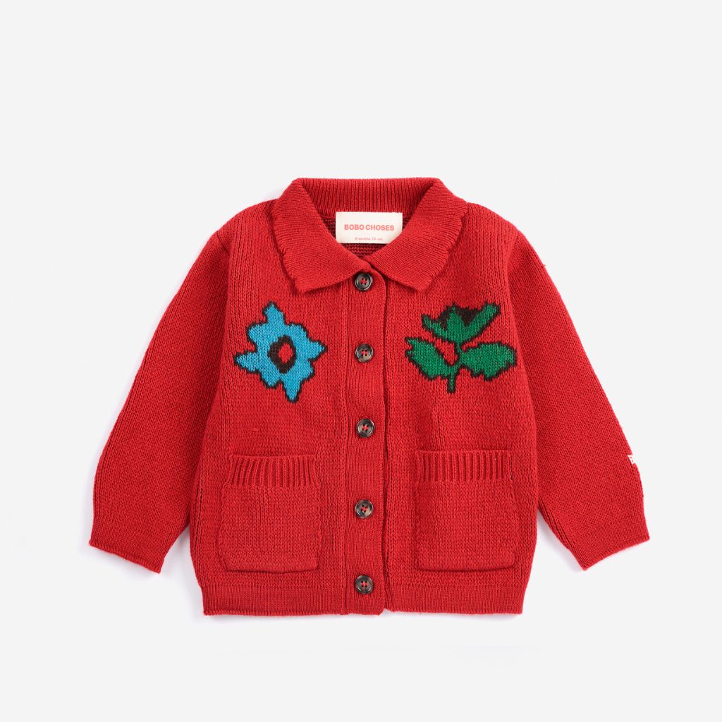 Bobo Choses Baby Blossom cardigan in red recycled wool and cashmere knit, button front