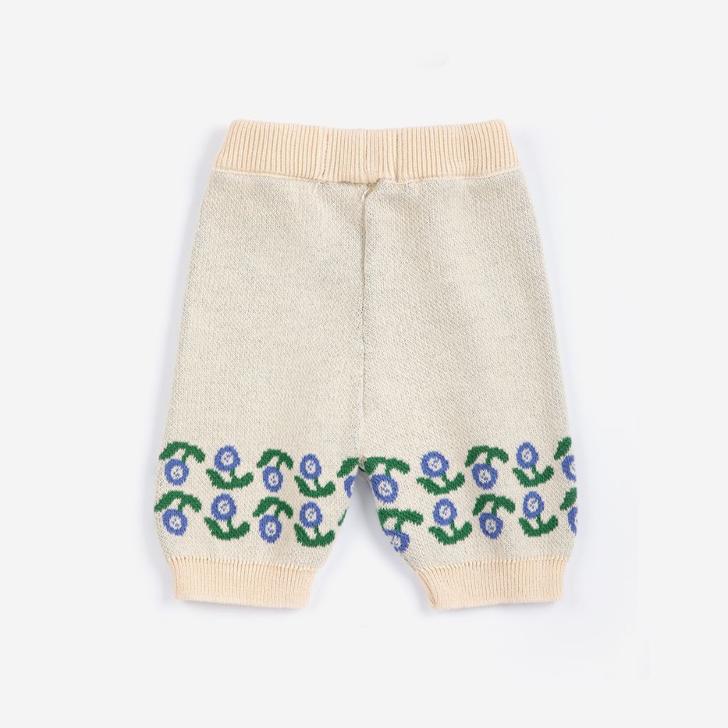 Bobo Choses Baby Stamp Bloom knitted pants in cream organic cotton knit, rib waist, straight leg