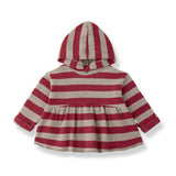 1 + in the Family BABINE burgundy striped baby hooded top in soft fleece with a ruffled hem