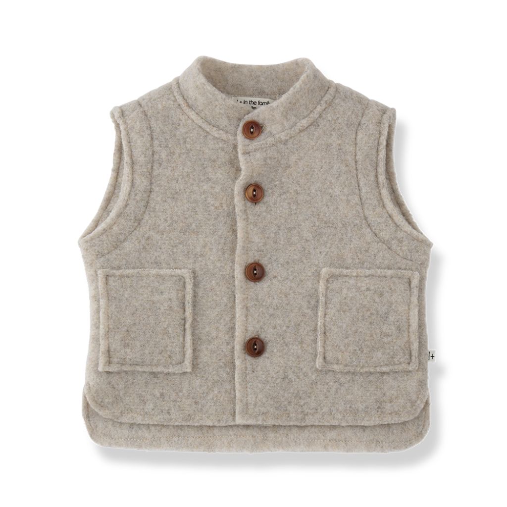 1 + in the Family BELLUNO beige baby vest in recycled wool with a button front and two pockets