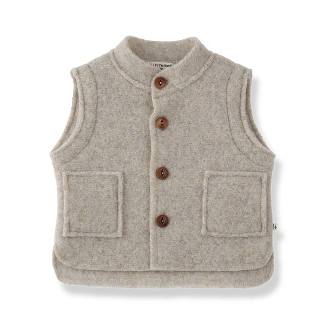 1 + in the Family BELLUNO beige baby vest in recycled wool with a button front and two pockets