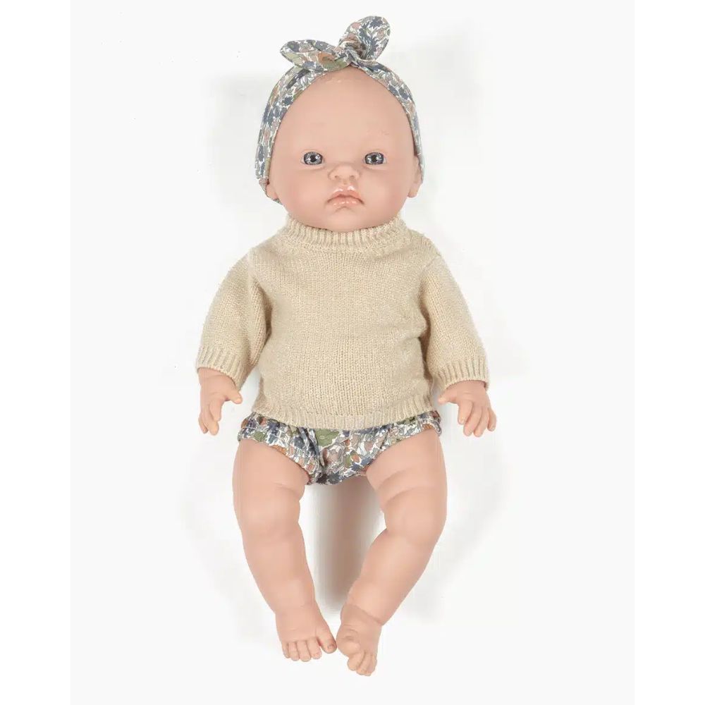 Minikane Clothing for Cuties 36cm - Paula top in cream knit and panties with brown liberty tights and headband