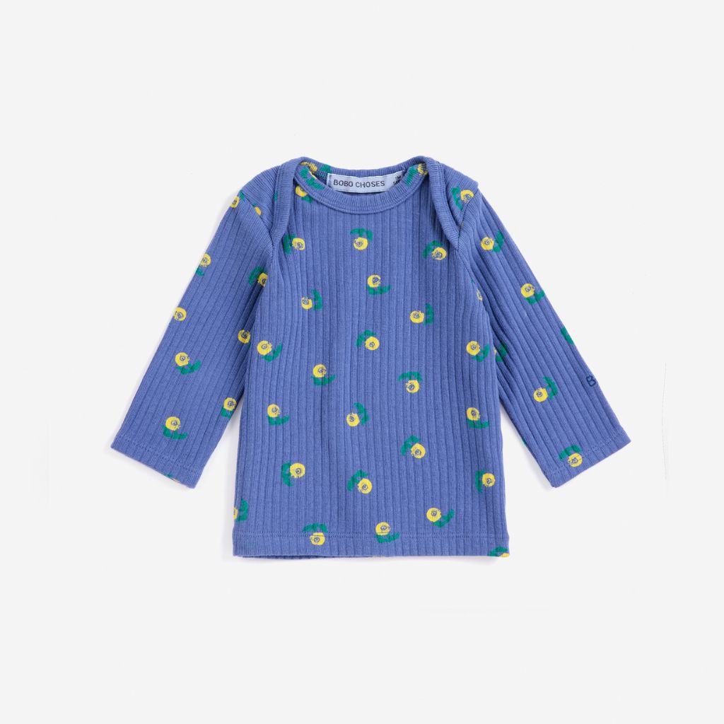 Bobo Choses Baby Stamp Bloom t-shirt in purple stretch organic cotton, all over floral print, slim fit