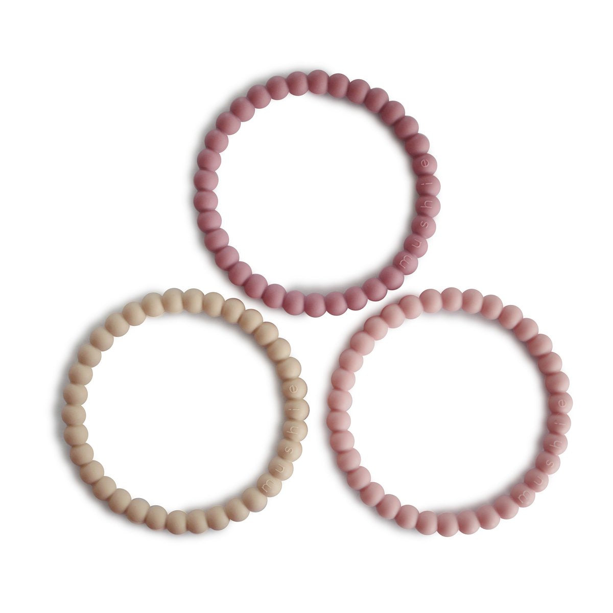 Mushie Pearl Teething Bracelet 3-Pack Linen/Peony/Pale Pink