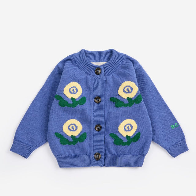 Bobo Choses Baby Stamp Bloom cardigan in midnight blue organic cotton knit, floral motif, button front