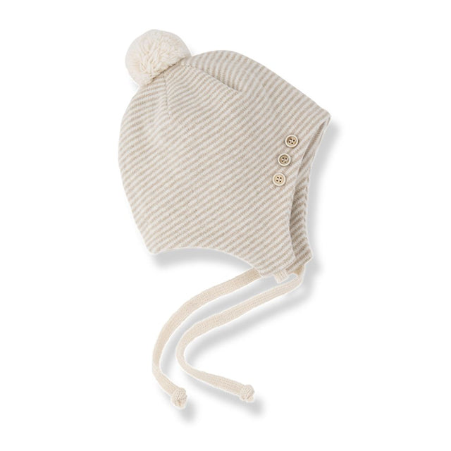 1 + in the Family BAYONNE beige newborn bonnet in soft striped fleece with chin ties and pom-pom