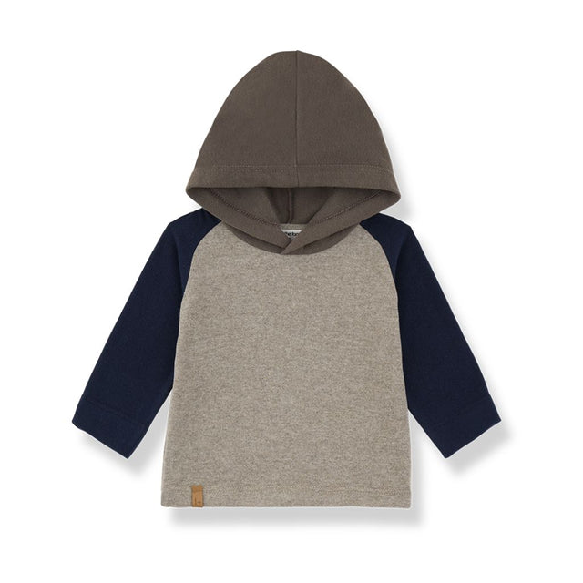1 + in the Family ORISTANO beige baby hooded top in plain jersey with contrast raglan sleeves
