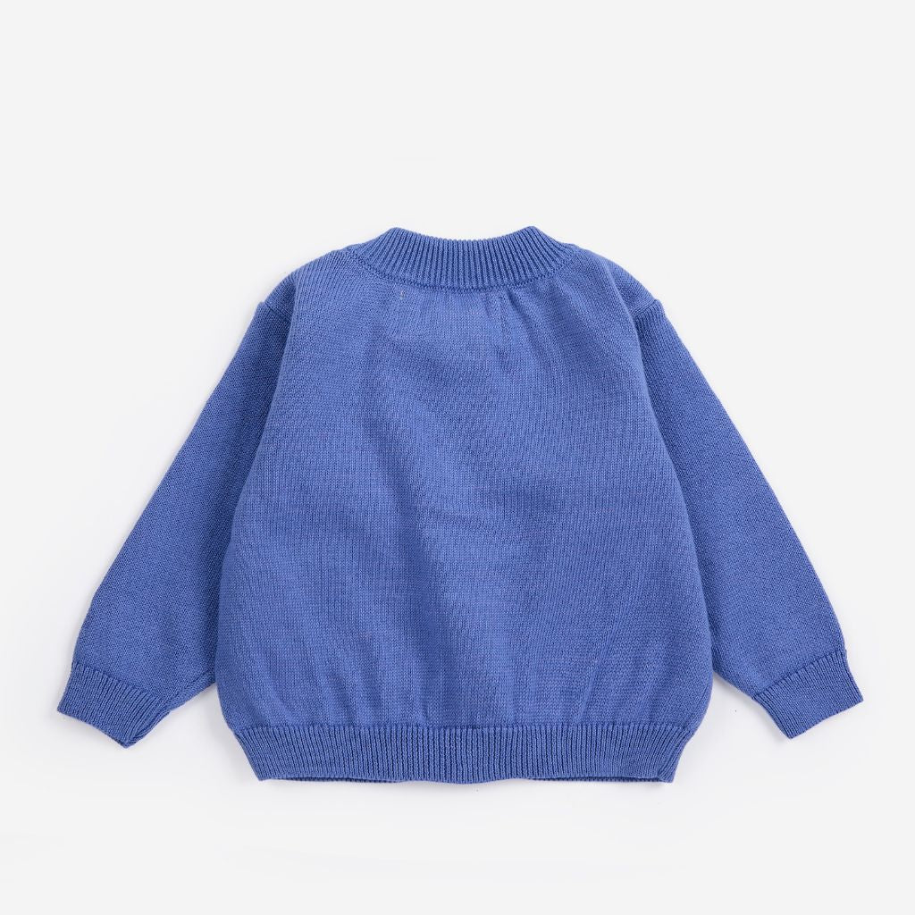 Bobo Choses Baby Stamp Bloom cardigan in midnight blue organic cotton knit, floral motif, button front