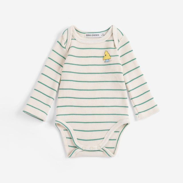 Bobo Choses Baby Mush Monster Stripes bodysuit in cream cotton, striped monster print, snap gusset