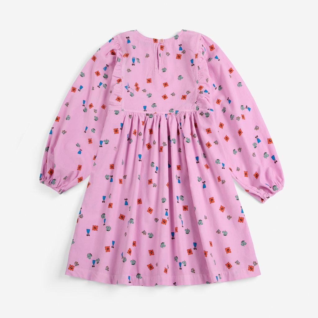 Bobo Choses Blossom woven dress in pink organic cotton, all over floral bloom print