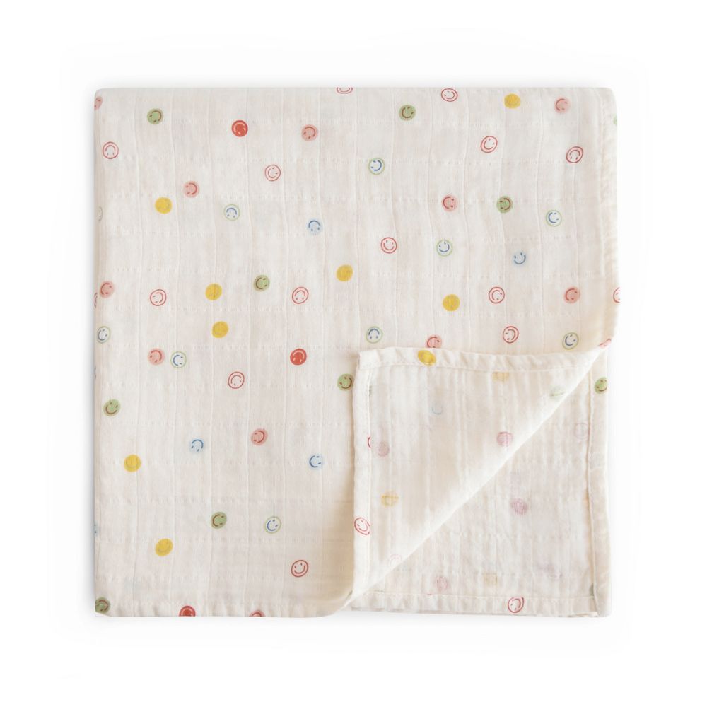 Mushie Organic Cotton Muslin Baby Swaddle - Smiley Face