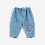 Bobo Choses Baby BC embossed denim pants in blue organic cotton, embossed logo texture, pull on