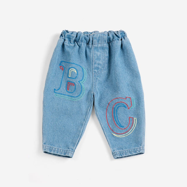 Bobo Choses Baby BC embossed denim pants in blue organic cotton, embossed logo texture, pull on