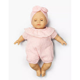 Minikane Emilie, a 36cm Cuties doll, and her Eva romper set in strawberry cotton gauze