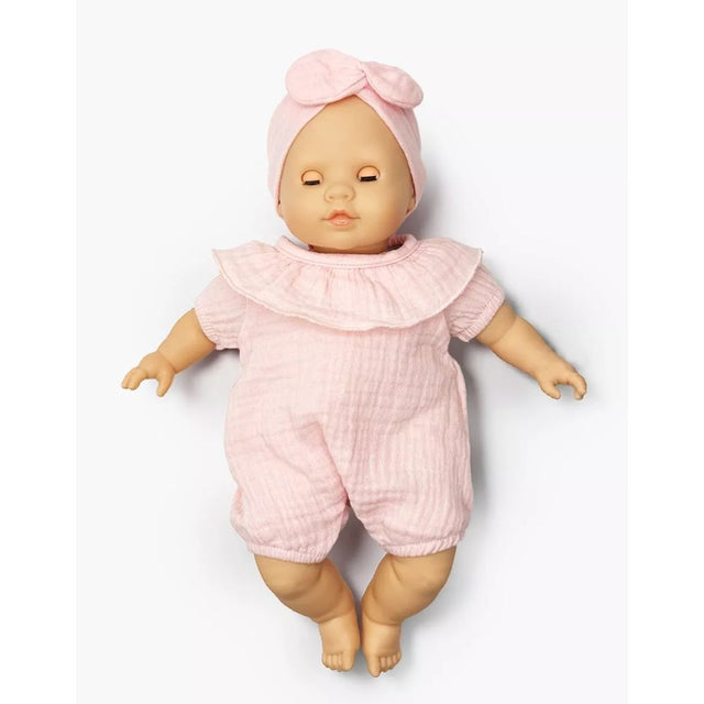 Minikane Emilie, a 36cm Cuties doll, and her Eva romper set in strawberry cotton gauze