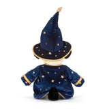 Jellycat Rufferty Puppy in a wizard robe and hat, a floppy plush puppy soft toy with a hard nose