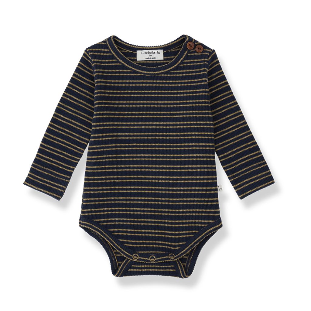 1 + in the Family FIELD blue striped baby bodysuit in rib jersey with long sleeves