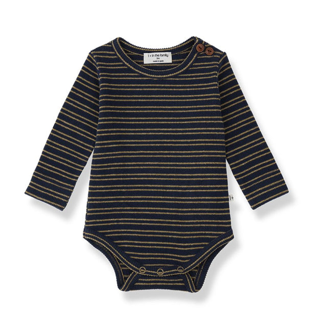 1 + in the Family FIELD blue striped baby bodysuit in rib jersey with long sleeves