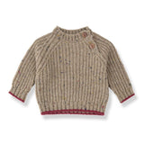 1 + in the Family MALIGNE beige baby sweater in chunky ribbed knit with burgundy trim