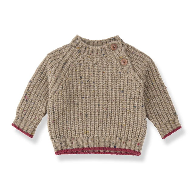 1 + in the Family MALIGNE beige baby sweater in chunky ribbed knit with burgundy trim