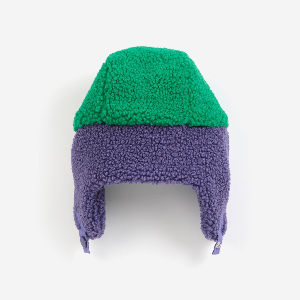 Bobo Choses Color Block sheepskin chapka kids hat in multicolour, lined ear flaps, chin ties