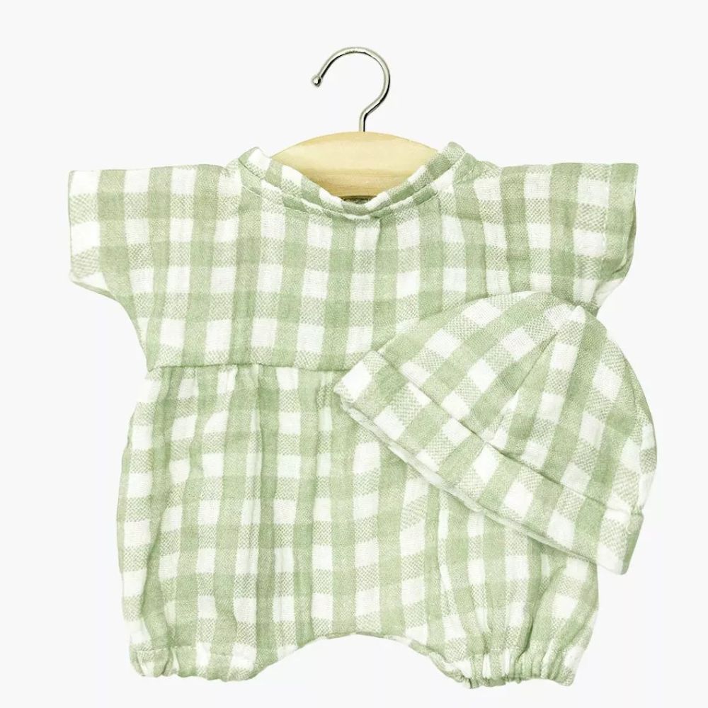Minikane Babies Collection 28cm- Noa romper and hat in Green Cotton Muslin