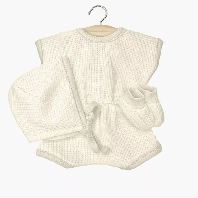 Minikane Babies Collection 28cm- Inès ecru honeycomb romper with bonnet and booties