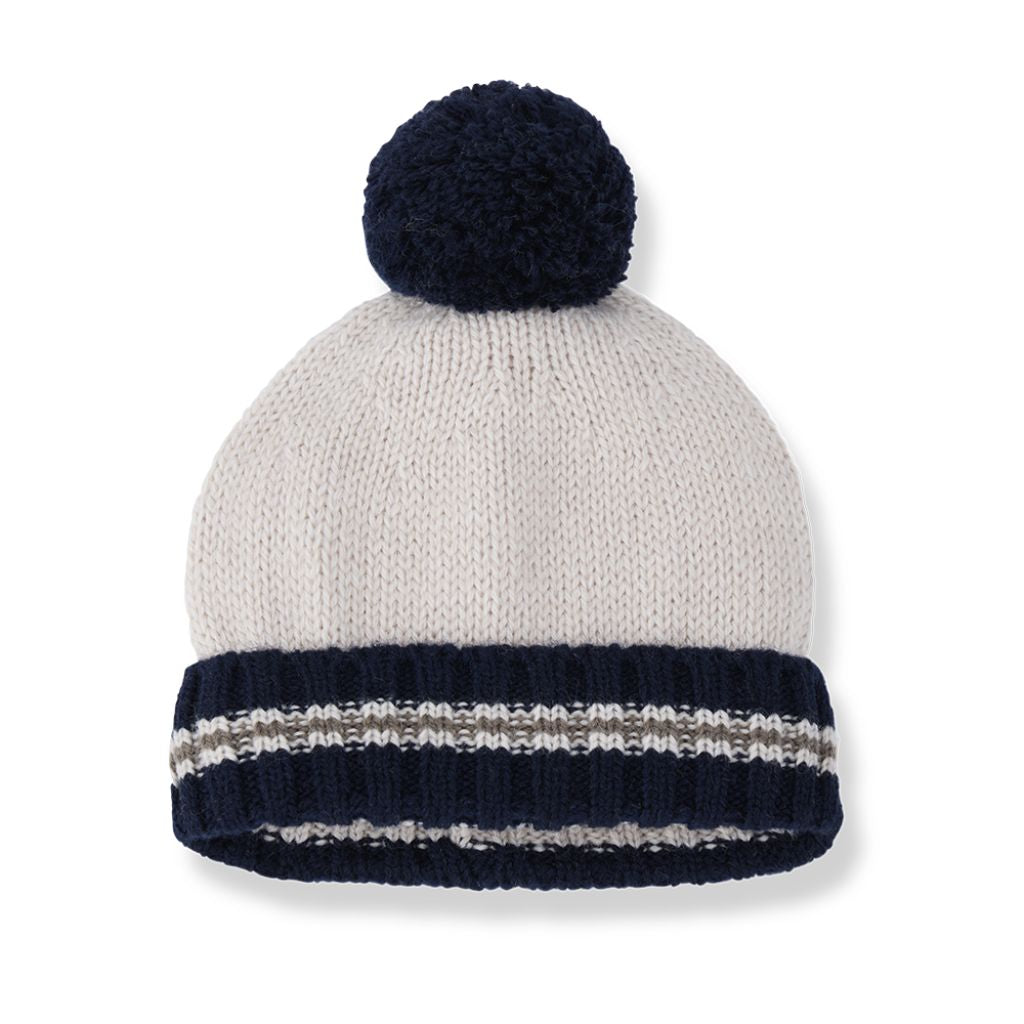 1 + in the Family LIVORNO cream baby knitted beanie with a navy pom-pom and striped band