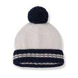 1 + in the Family LIVORNO cream baby knitted beanie with a navy pom-pom and striped band