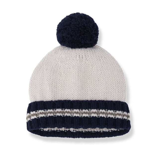 1 + in the Family LIVORNO cream baby knitted beanie with a navy pom-pom and striped band