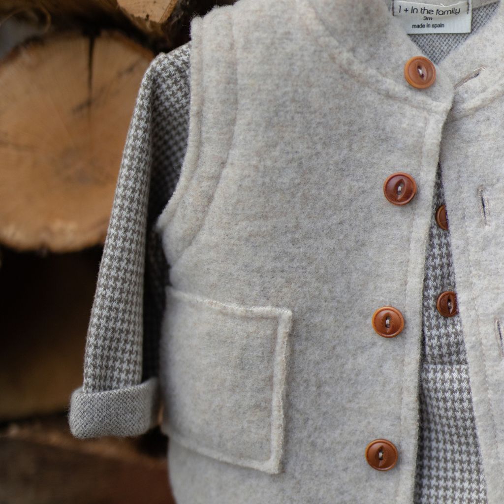 1 + in the Family NUORO taupe houndstooth baby henley in fleece with a button placket