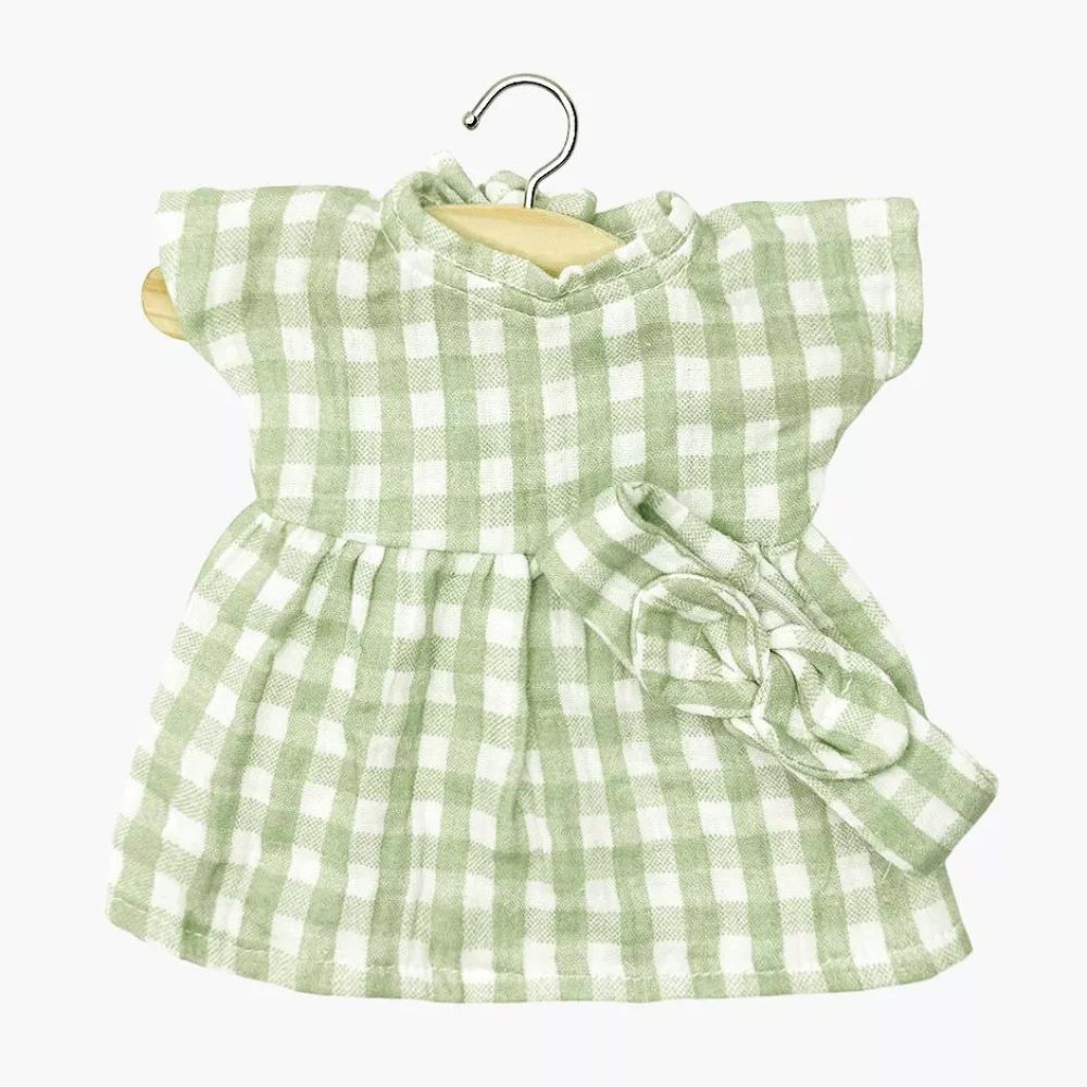 Minikane Babies Collection 28cm- Faustine dress and its headband in green Vichy cotton gauze with pouch
